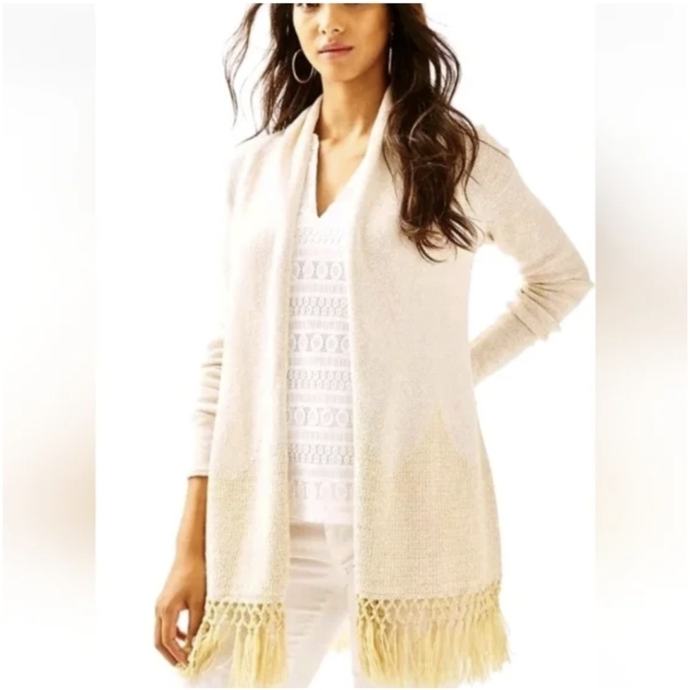 Lilly Pulitzer Gold Cream Metallic Fringe Open Cardigan Sweater Size XS Boho